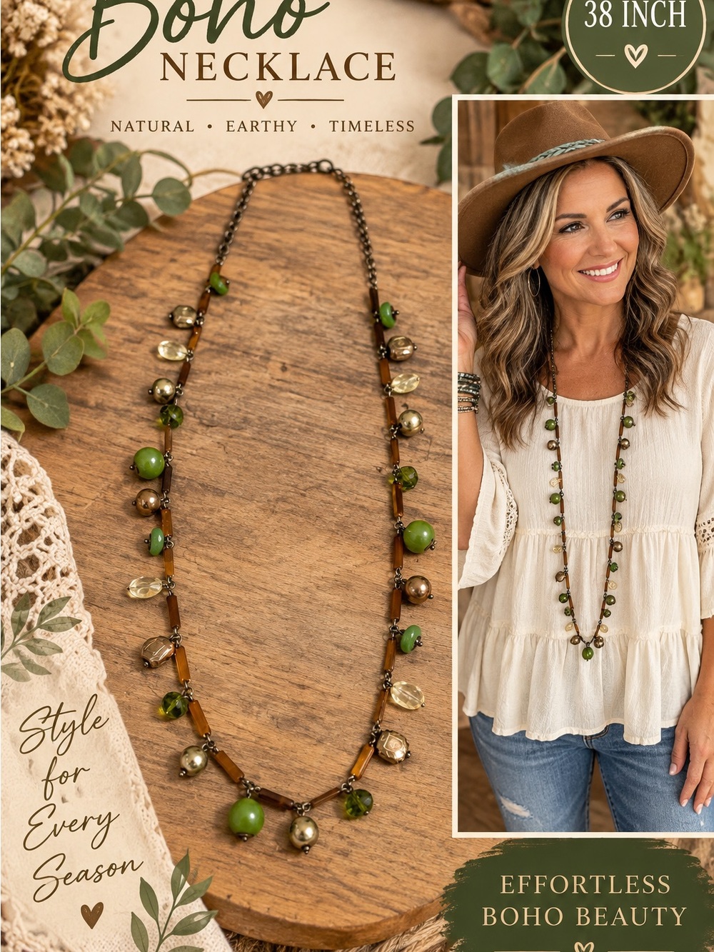 750 Boho - Green & Amber Bead Strand